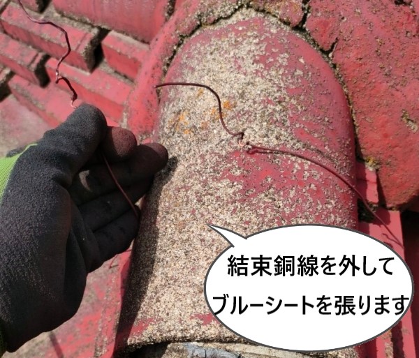 結束銅線を外してブルーシートを取り付けます