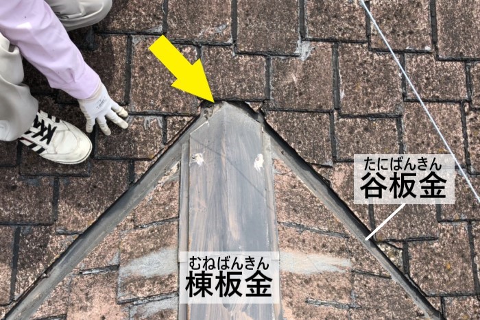 谷板金と棟板金の取り合い部に打っているコーキングを点検