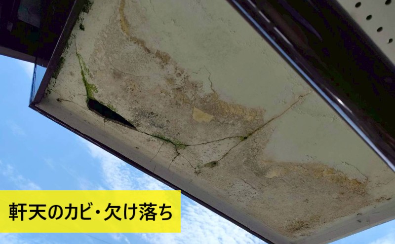 軒天にカビが生えて欠けて落ちている