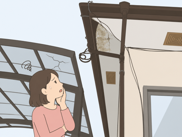 軒天の割れとカーポートの割れに困っているイラスト