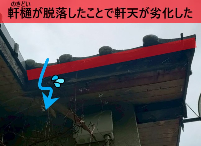 軒樋が脱落したことで軒天が劣化した