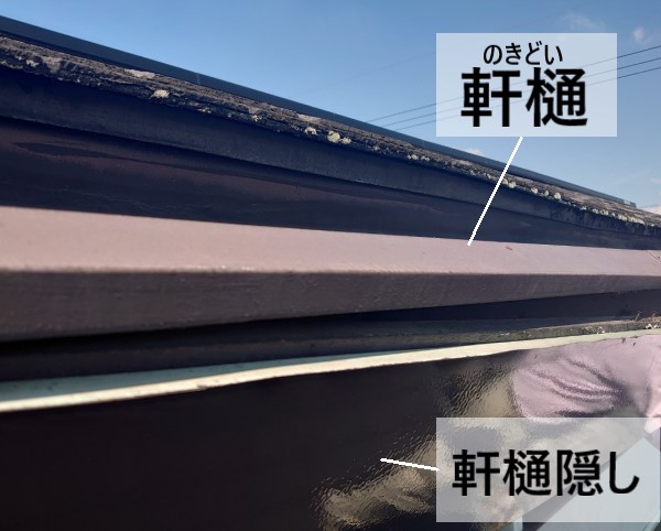 軒樋の外側に軒樋隠しを取り付けている構造