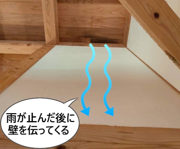 雨が止んだ後に壁を伝ってくる雨漏り状況