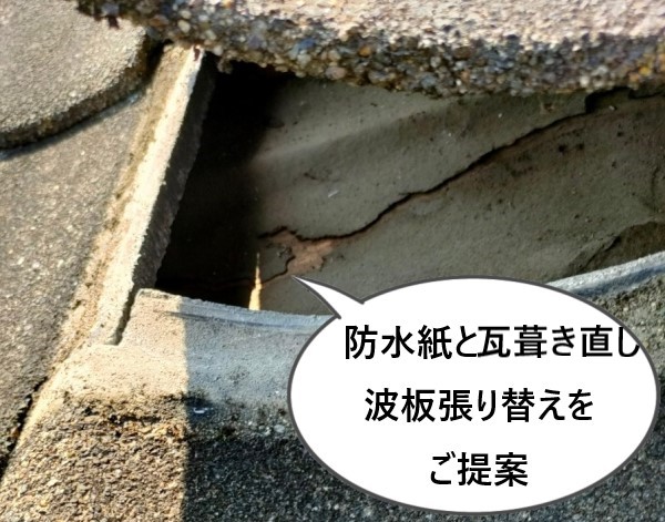 雨漏りしているモニエル瓦倉庫の防水紙と瓦修理、波板張り替えをご提案