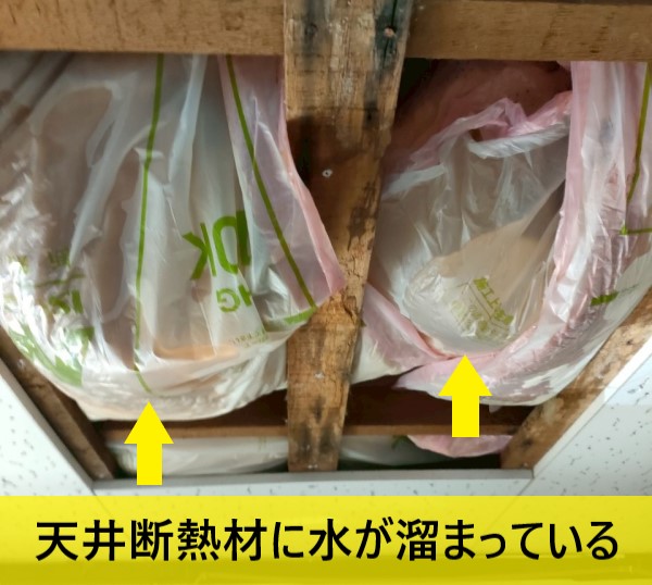 雨漏りで天井の断熱材に水が溜まっている