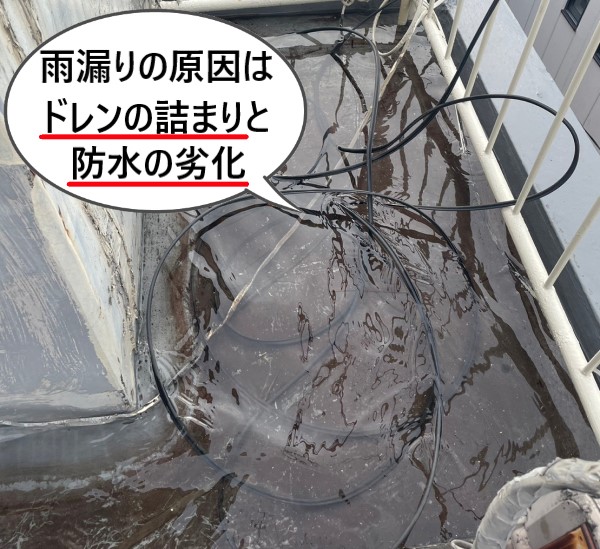 雨漏りの原因はドレンの詰まりと防水の劣化であると判明しました