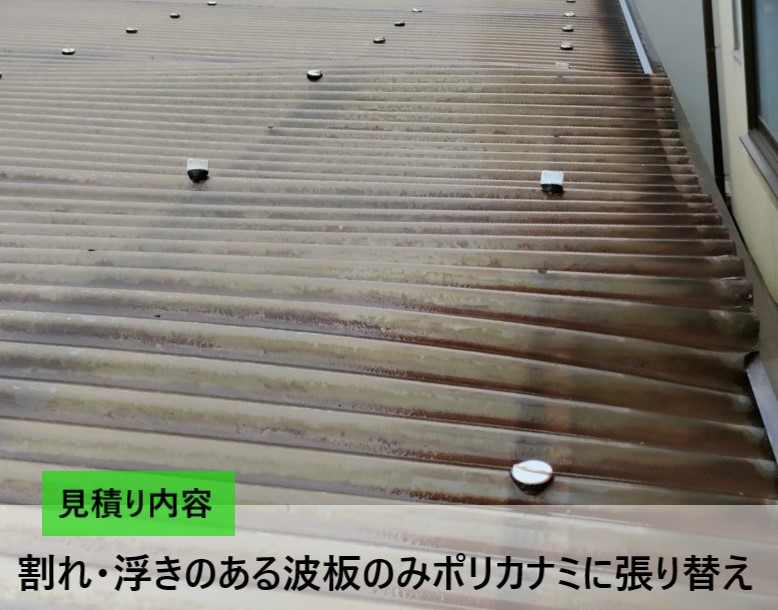 飼い猫が乗って割れたカーポート波板屋根に一部張り替えをご提案