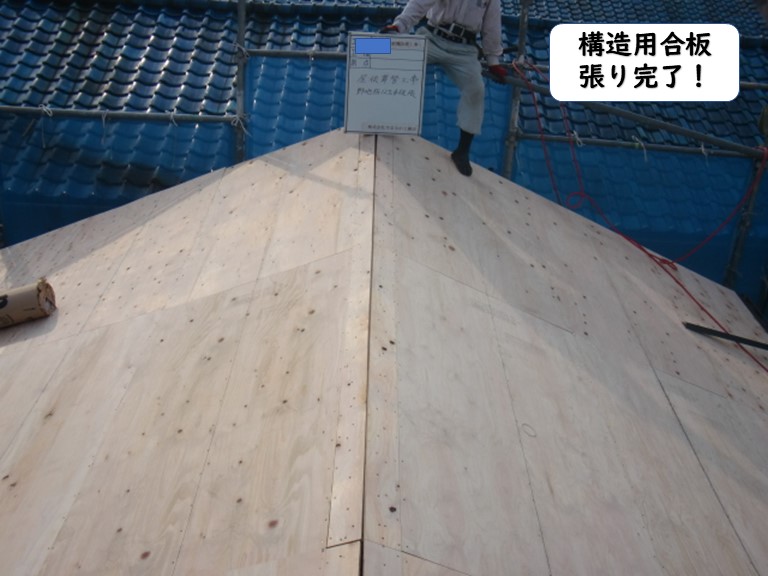 岩出市の屋根の構造用合板張り完了