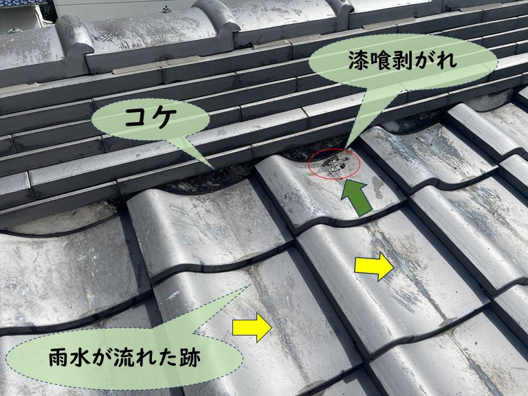 岩出市で漆喰にコケがあえて雨水が流れた跡もありました