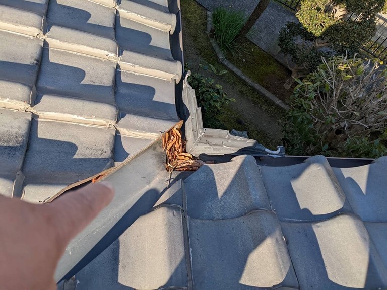 岩出市で軒樋に溜まった落ち葉を掃除します