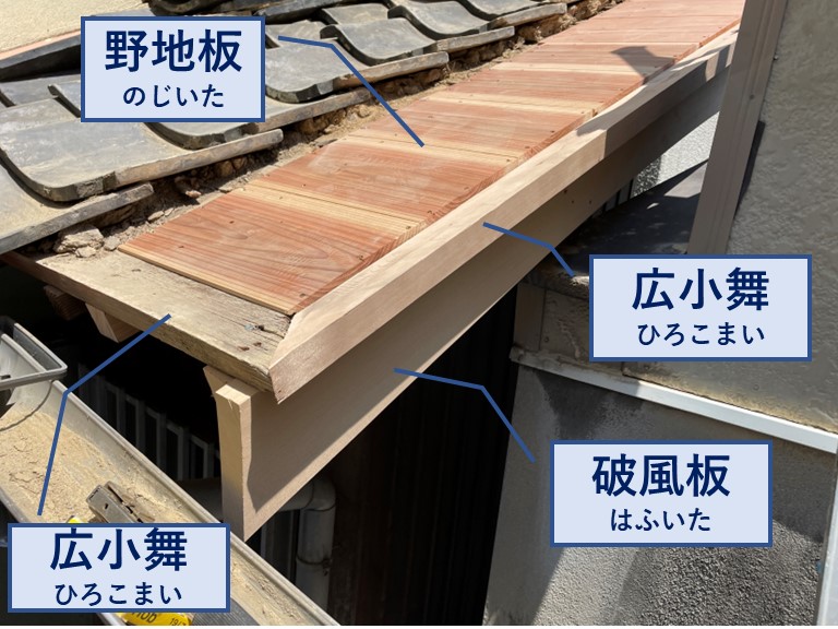 岩出市で野地板・広小舞・破風板を新しく取り付けた