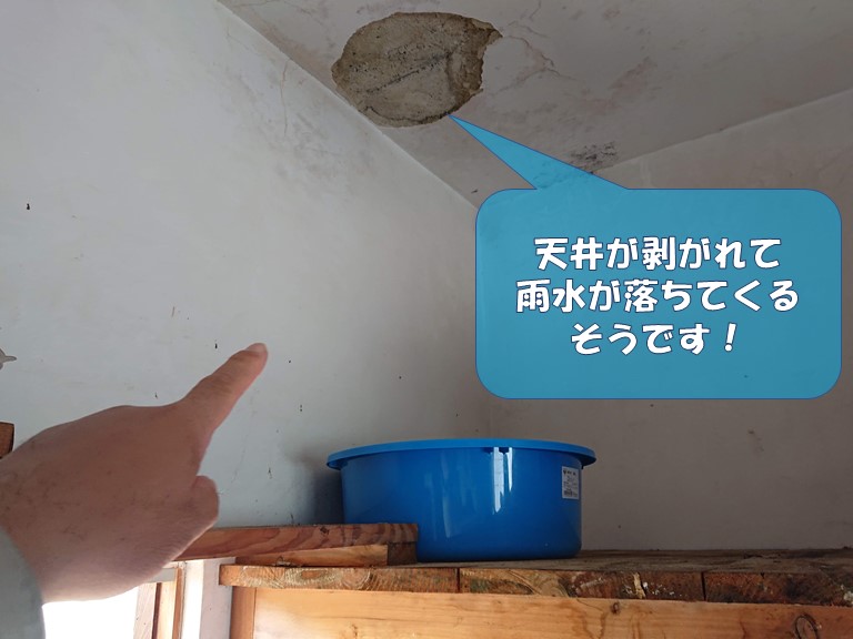 岩出市の倉庫から雨漏り発生しバケツで水を受けていました