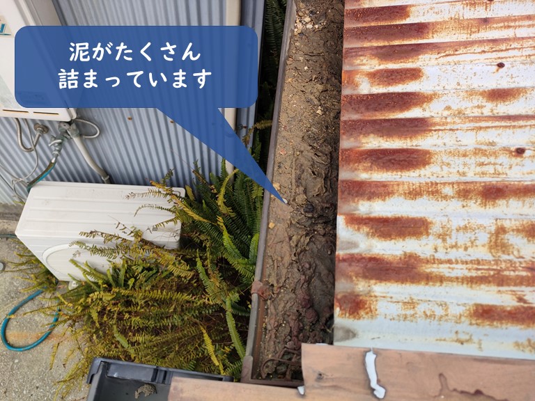 岩出市の軒樋に泥が溜まっています