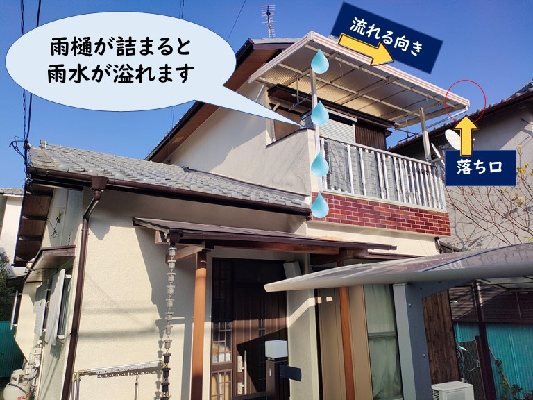 紀の川市でベランダの雨樋が詰まると雨水が溢れます