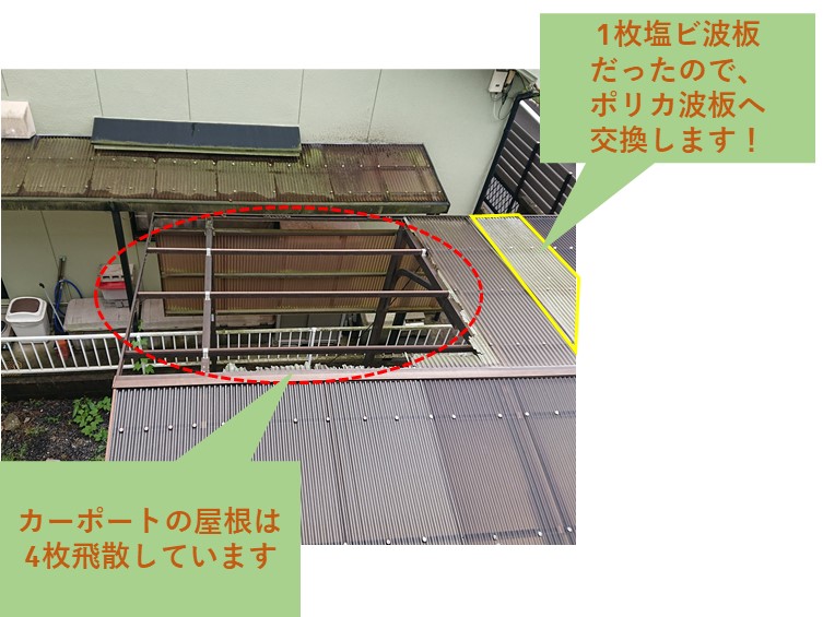 紀の川市でベランダ・カーポートの屋根を張替えます