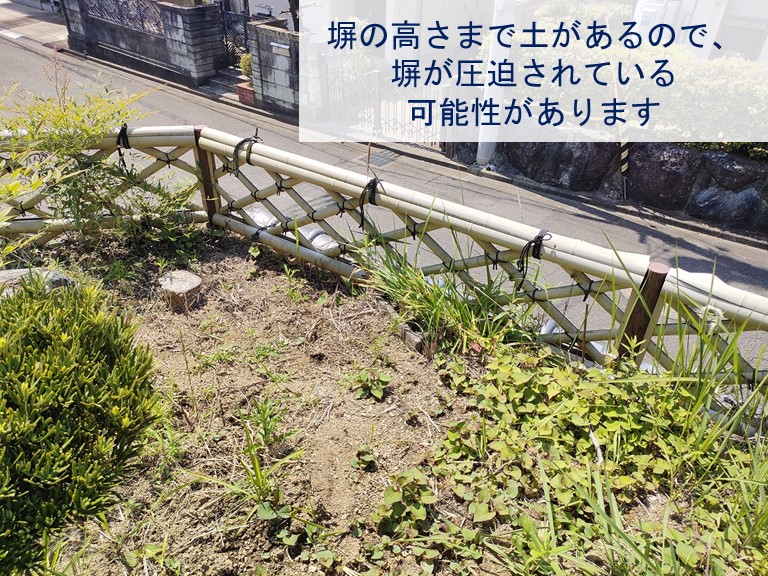 紀の川市で塀の高さにまで土があるので圧迫されている可能性あり