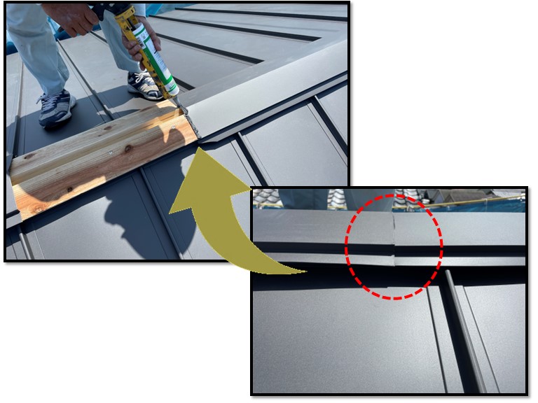 紀の川市で棟板金同士の継ぎ目はコーキングで付けます
