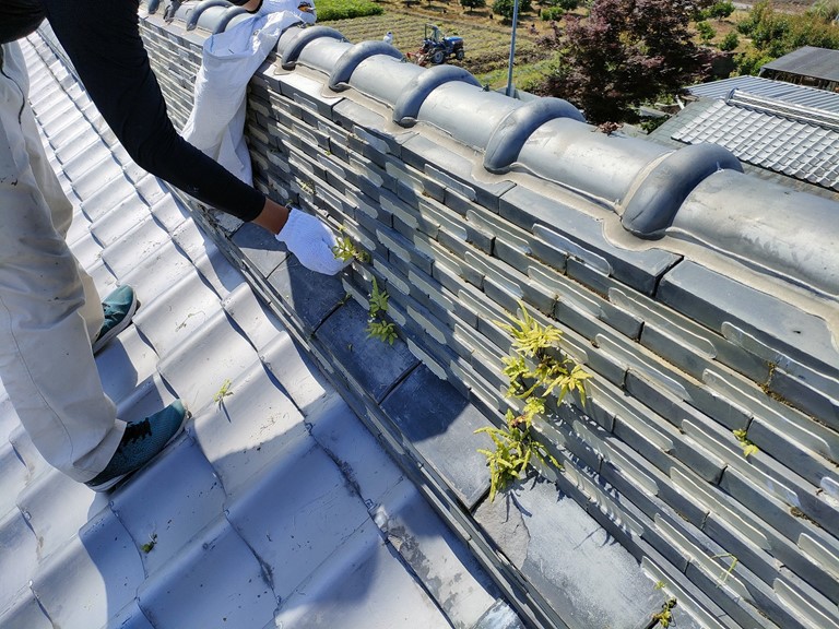 紀の川市で棟瓦の雑草を撤去します