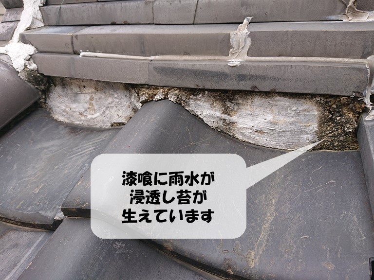 紀の川市で漆喰に雨水が浸透していたので苔が生えて黒くなっていました