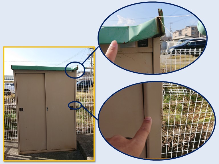 紀の川市で物置が変形していました