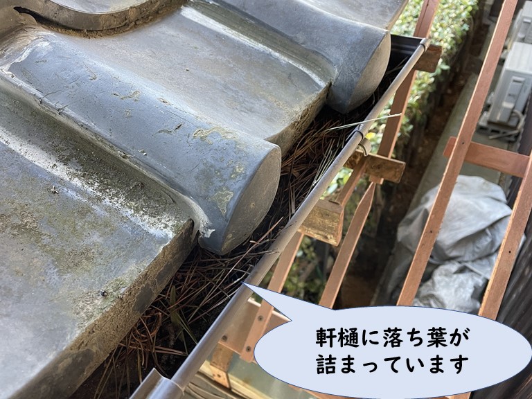 紀の川市で軒樋に落ち葉が溜まっていました