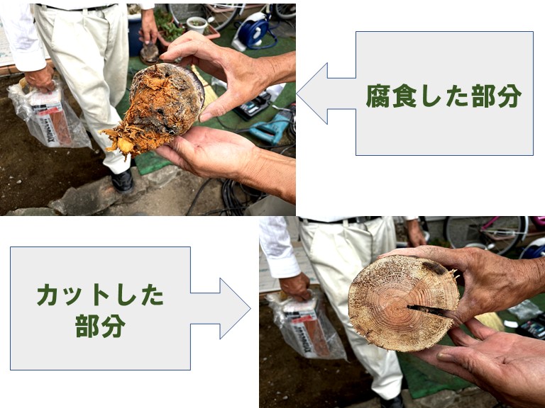 紀の川市の玄関屋根を支える受け柱の先は腐食していたが、切り口は綺麗なままでした
