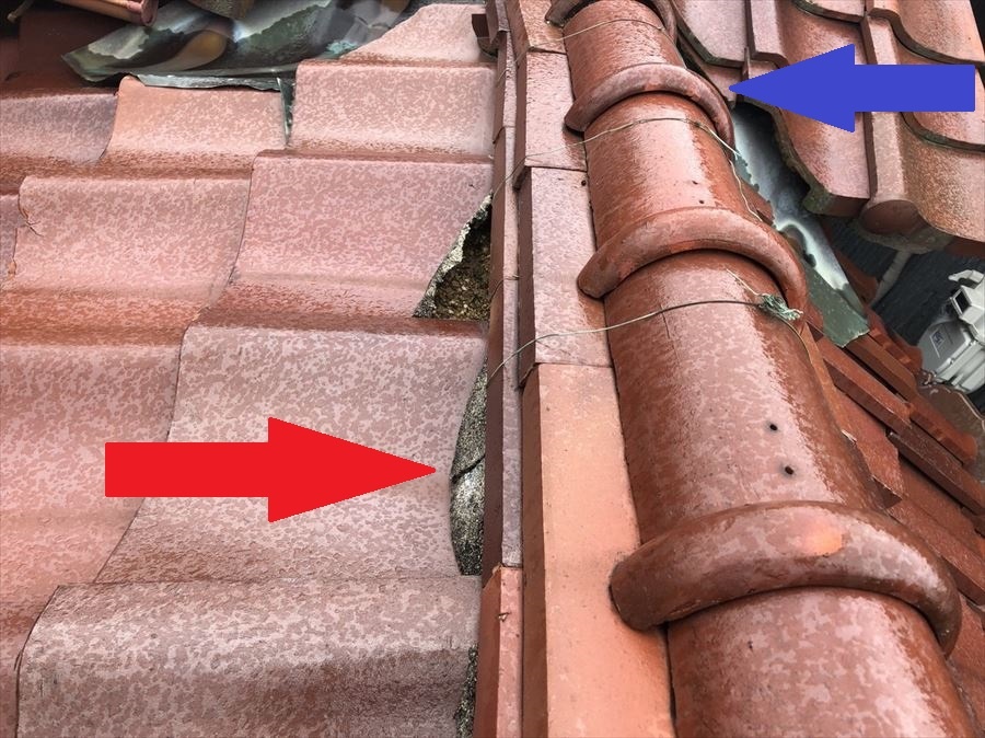 八尾市　漆喰の劣化で棟瓦がずれた