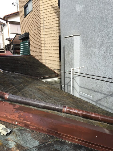  隣家との間隔が狭い箇所の屋根調査。外壁への影響や雨水の流れを確認する様子