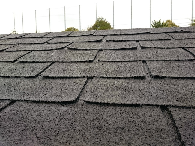 東大阪市の屋根点検。アスファルトシングルの先端が浮き上がり、強風で剥がれる危険がある状態。