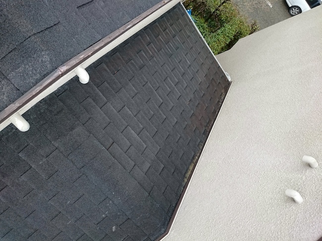 アスファルトシングルの剥がれを確認し、カバー工法を提案する屋根修理のプロ。大阪府東大阪市