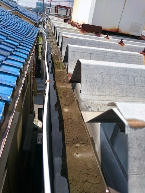 八尾市の工場屋根調査：泥と水が溜まり完全に詰まった雨樋