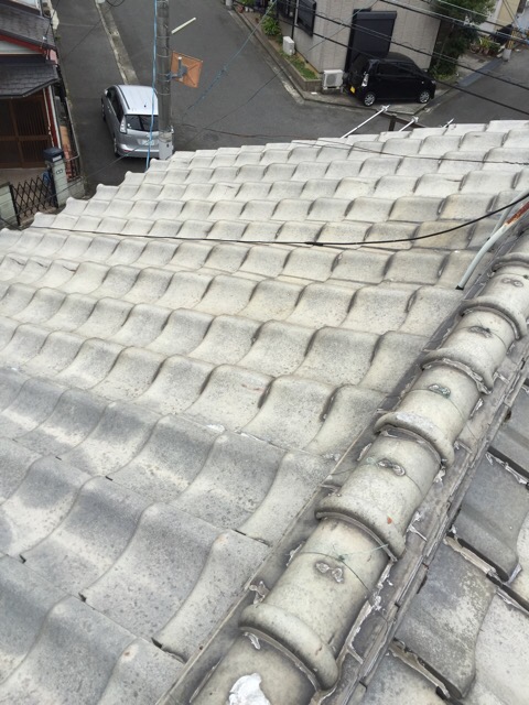 八尾市恩智中町の現地調査。瓦全体がボンドで固められたラバーロック工法の屋根全体の様子