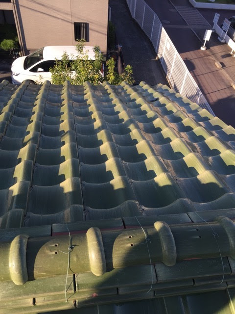 八尾市山本での屋根調査、波打ってズレた緑色の瓦屋根