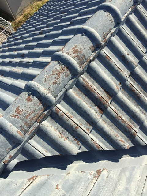 表面の防水塗膜が完全に剥がれ落ちた古いセメント瓦（モニエル瓦）の拡大写真