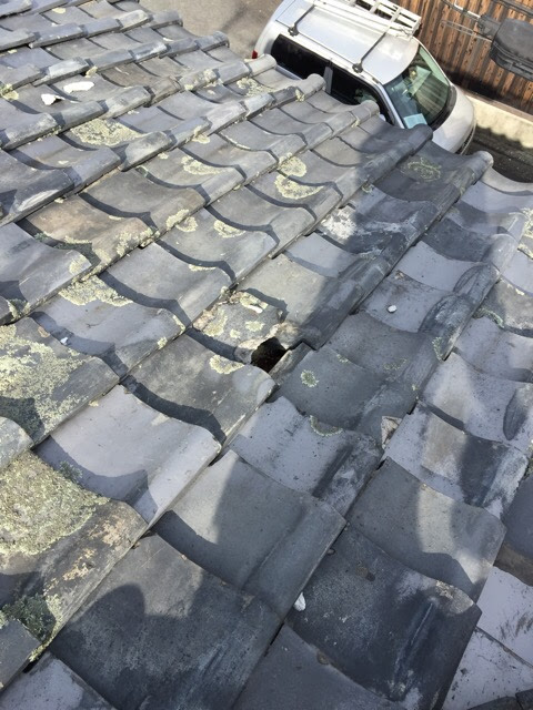 コケが繁殖し水分を含みやすくなった瓦と、割れて下地が見えている屋根のアップ画像