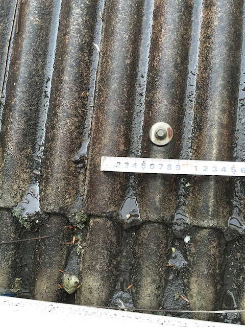 波板屋根のボルト周辺の劣化と雨水が溜まっている状況