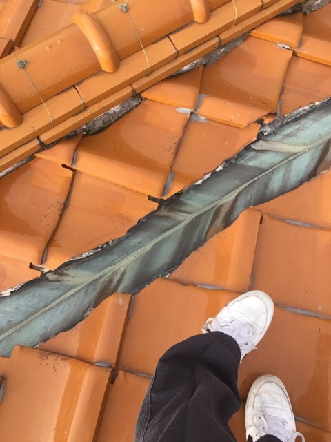 大阪市住之江区での屋根調査。お客様に現状を正しく伝えるため、細部まで点検を行うスタッフ。