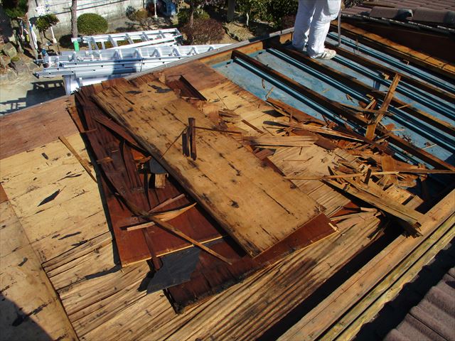 雨水を吸収して劣化した野地板