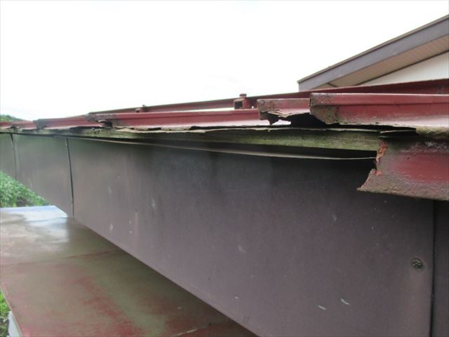 縦葺きの金属屋根　軒先の劣化