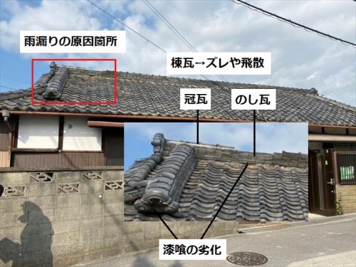 雨漏りの原因箇所　棟瓦の飛散やズレ
