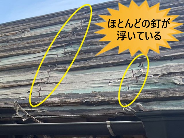 ほとんどの釘が浮いている