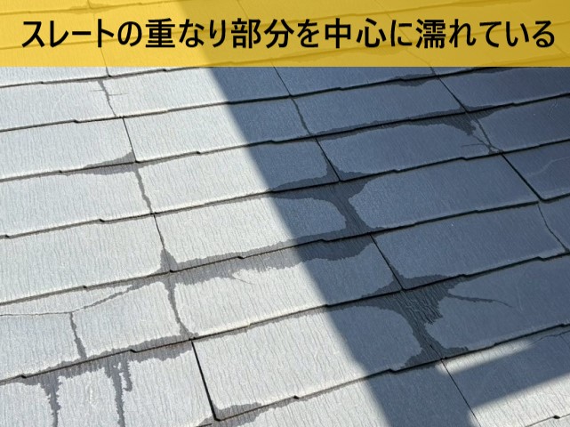 スレートの重なり部分が濡れている