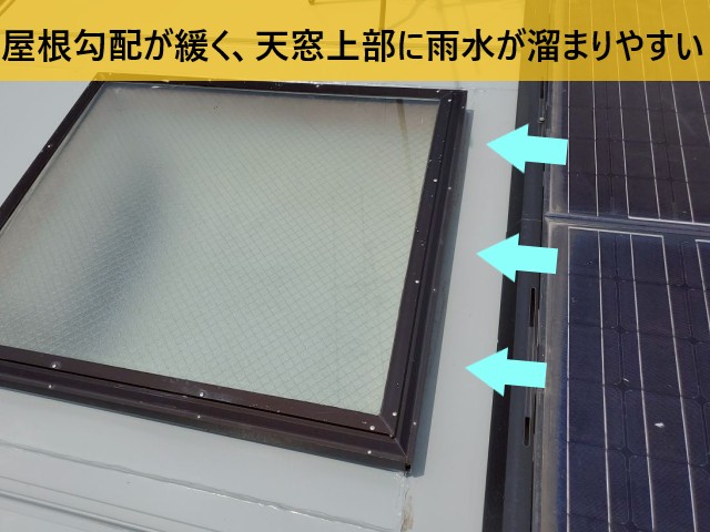 天窓上部に雨水が溜まりやすい