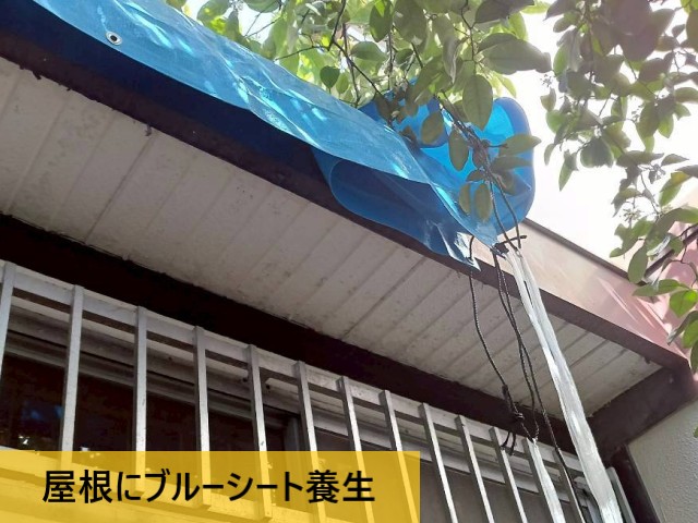 屋根にブルーシート養生