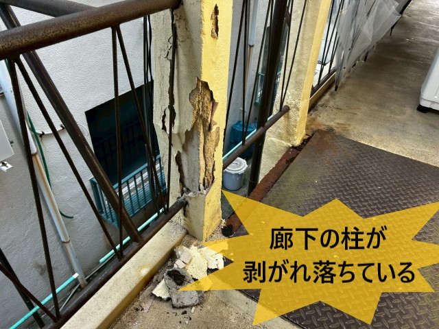 廊下の柱が剝がれ落ちている