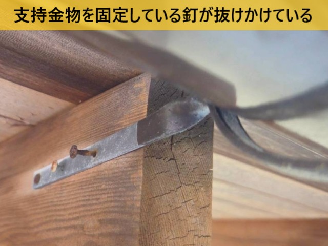 支持金物を固定している釘が抜けかけている