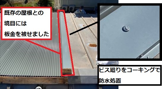 既存屋根との境目に板金でカバー