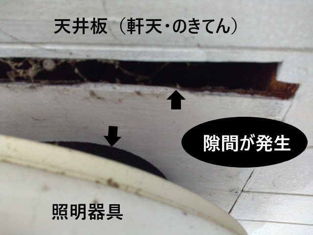 玄関屋根（庇）天井板と照明に隙間が発生