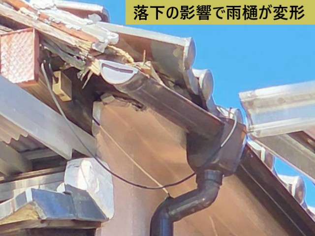 落下の影響で雨樋が変形