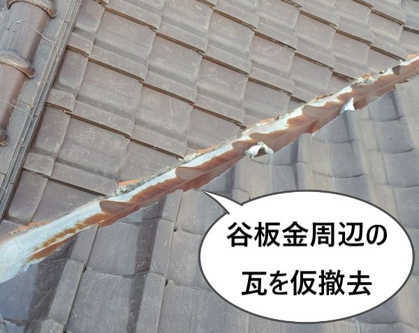 谷板金周辺の瓦を仮撤去